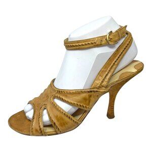 Max Studio Sabrina Tan Rustic Leather Ankle Strap Heeled Sandals